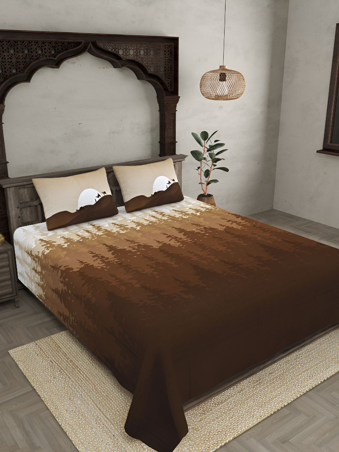

BED-SHEET.COM Brown & White Printed Cotton 300 TC King Bedsheet With 2 Pillow Covers