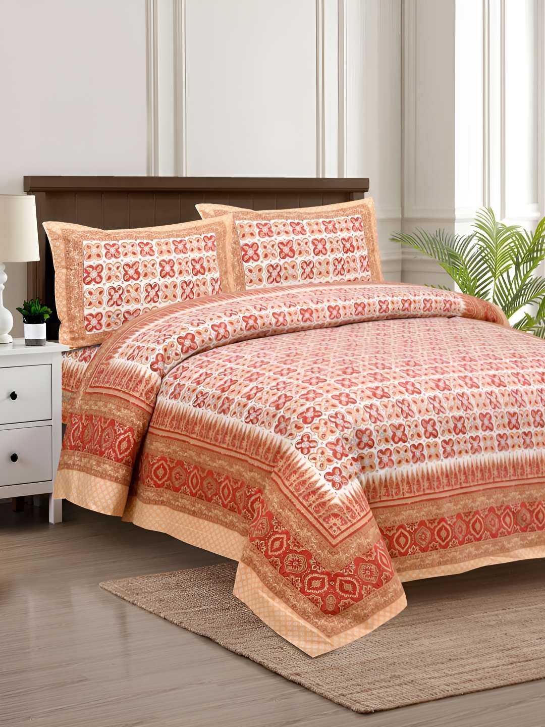 

BED-SHEET.COM Red Ethnic Motifs Printed Cotton 240 TC King Bedsheet with 2 Pillow Covers