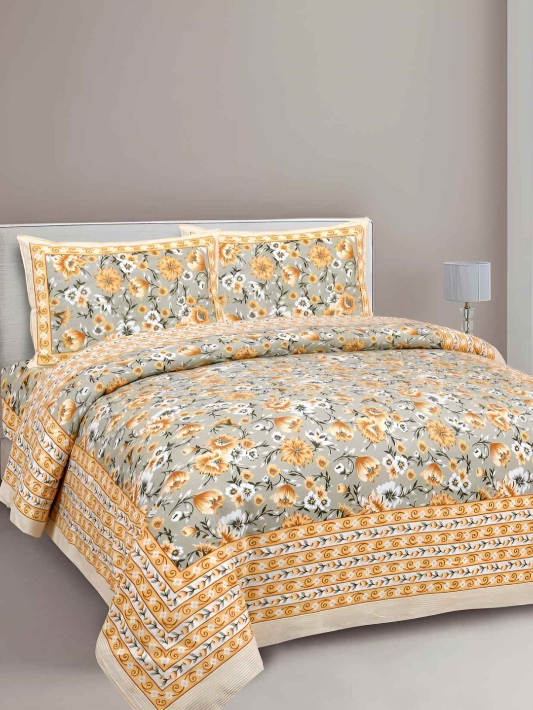 

BED-SHEET.COM Yellow & Grey Floral Cotton 180 TC King Bedsheet With 2 Pillow Covers