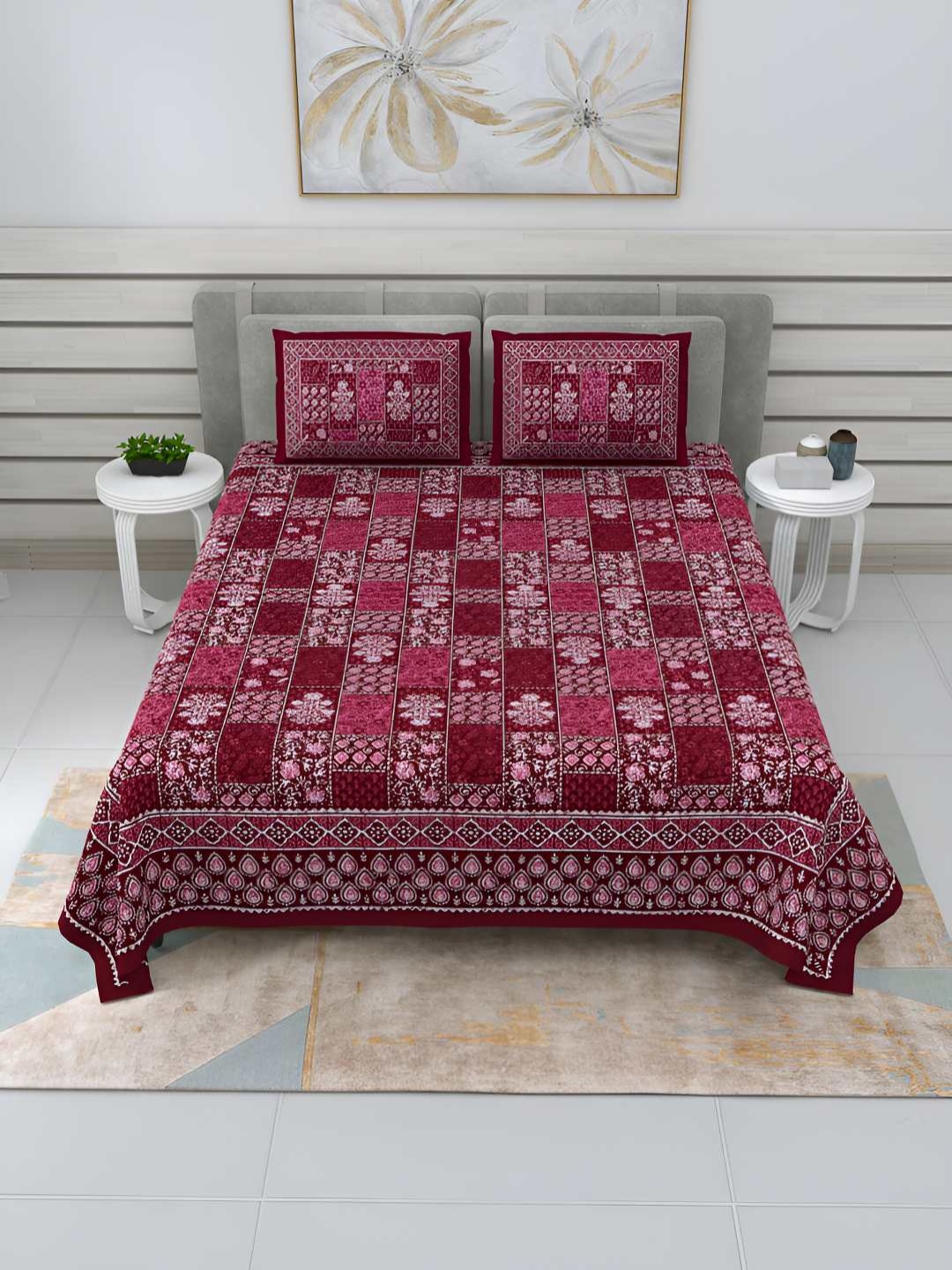 

BED-SHEET.COM Maroon Ethnic Motifs Cotton 240 TC King Bedsheet with 2 Pillow Covers