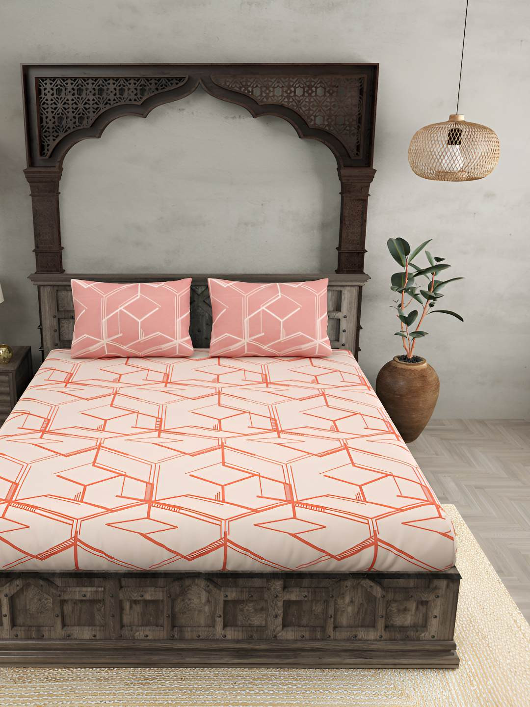 

BED-SHEET.COM Pink Printed Cotton 180 TC King Bedsheet With 2 Pillow Covers