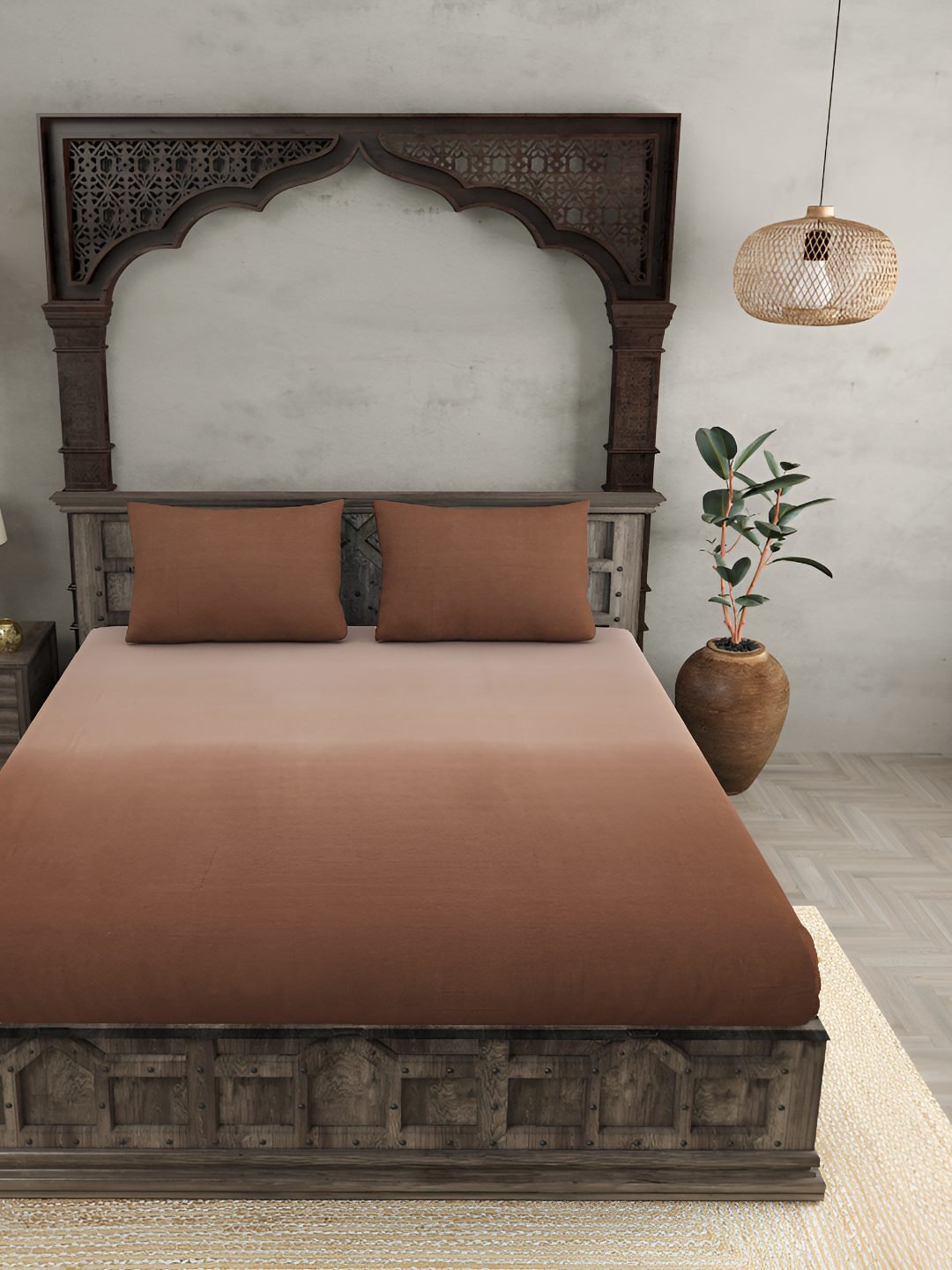 

BED-SHEET.COM Brown & Beige Cotton 300 TC King Bedsheet with 2 Pillow Covers