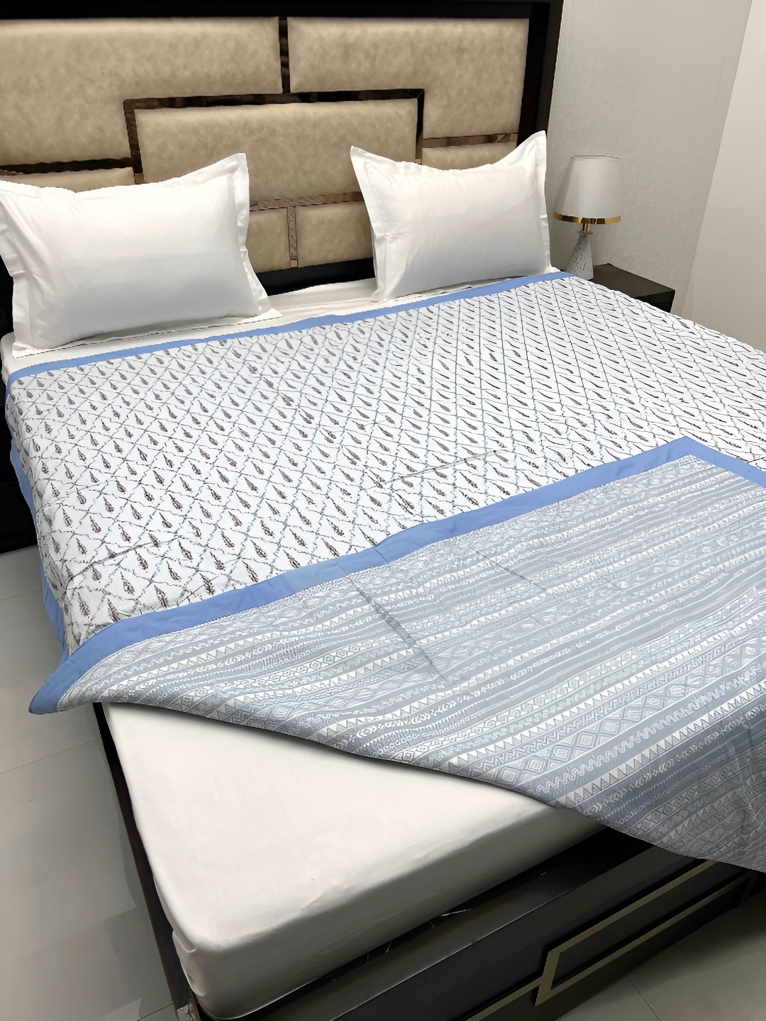 

Pure Decor Silken White & Blue Ethnic Motifs AC Room 300 GSM Double Bed Dohar