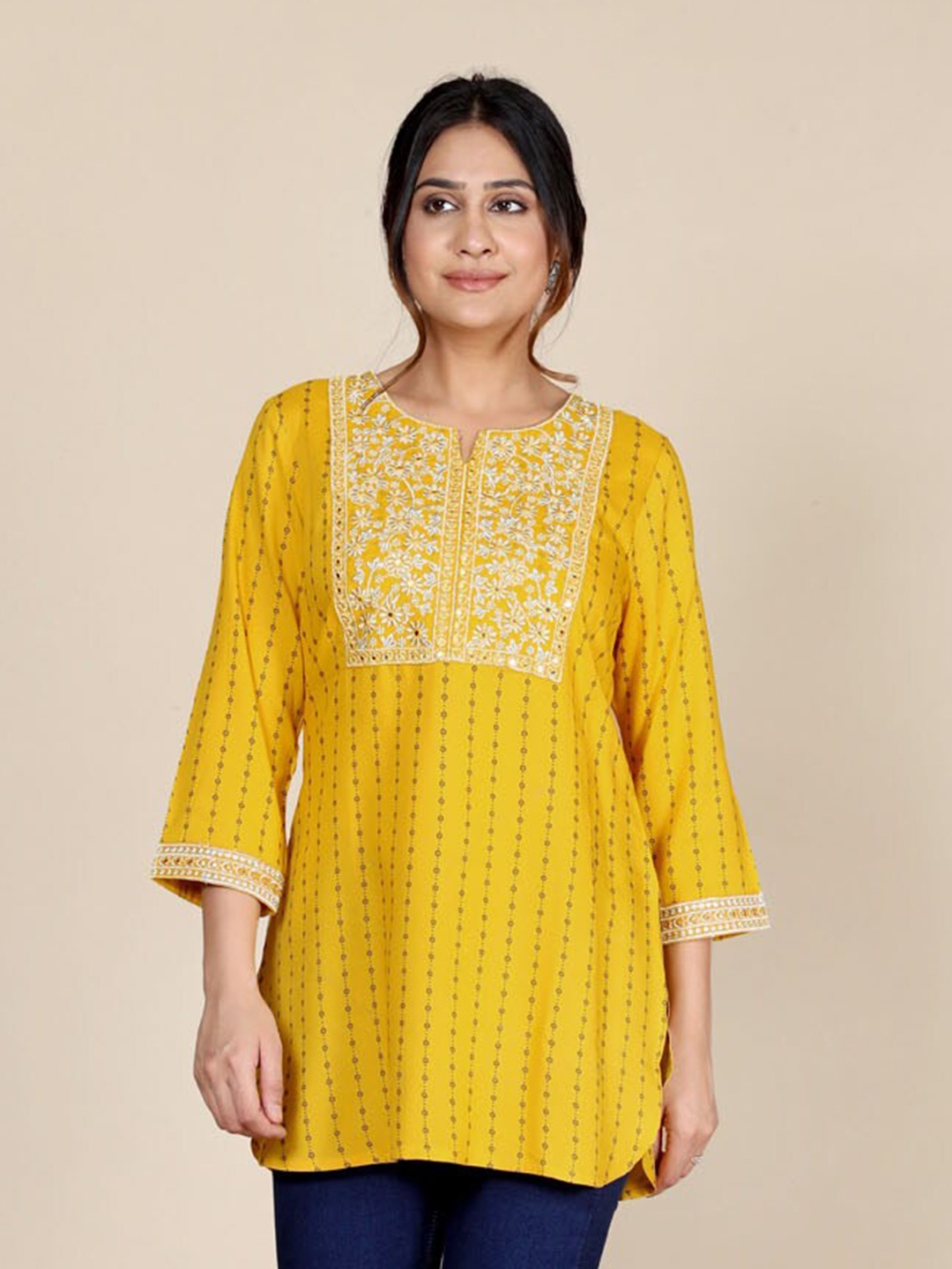 

HERE&NOW Floral Embroidered Kurti, Mustard