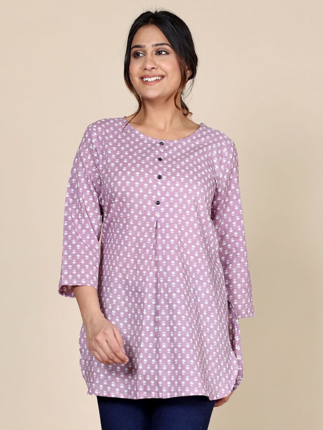 

HERE&NOW Ethnic Motifs Printed Round Neck Pure Cotton Kurti, Lavender