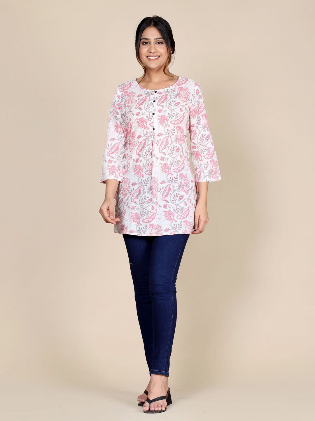 

HERE&NOW Floral Printed Pure Cotton Kurti, Pink