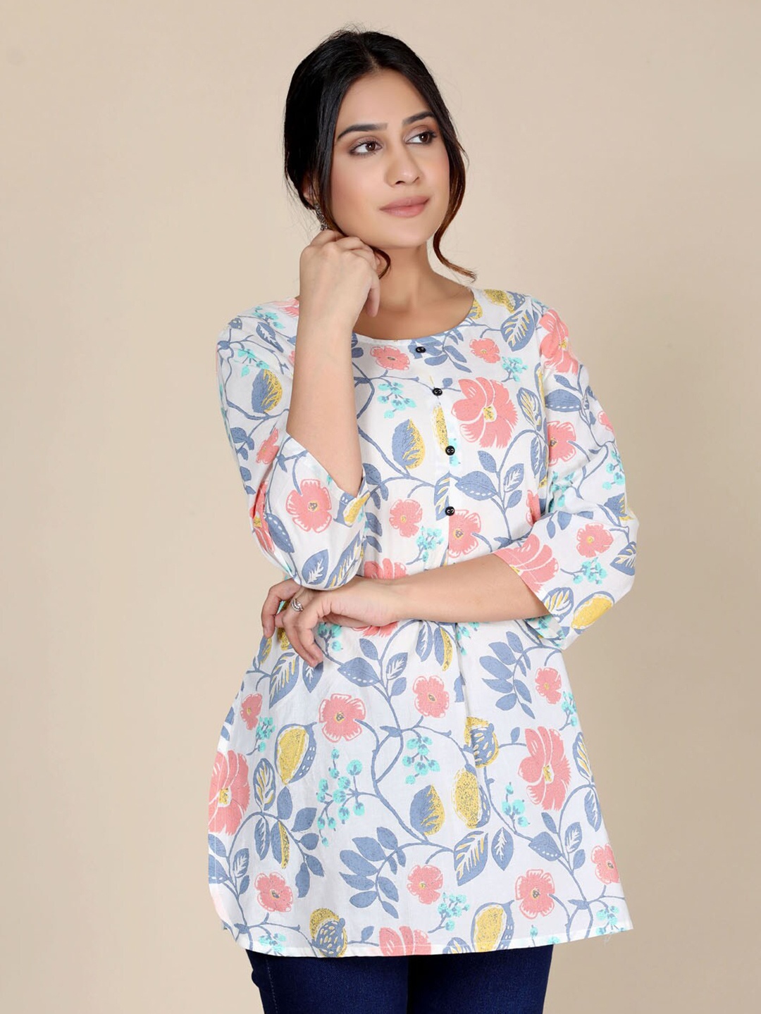 

HERE&NOW Floral Printed Pure Cotton Kurti, White