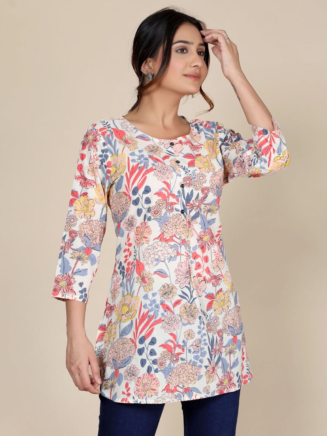 

HERE&NOW Floral Printed Pure Cotton Kurti, White