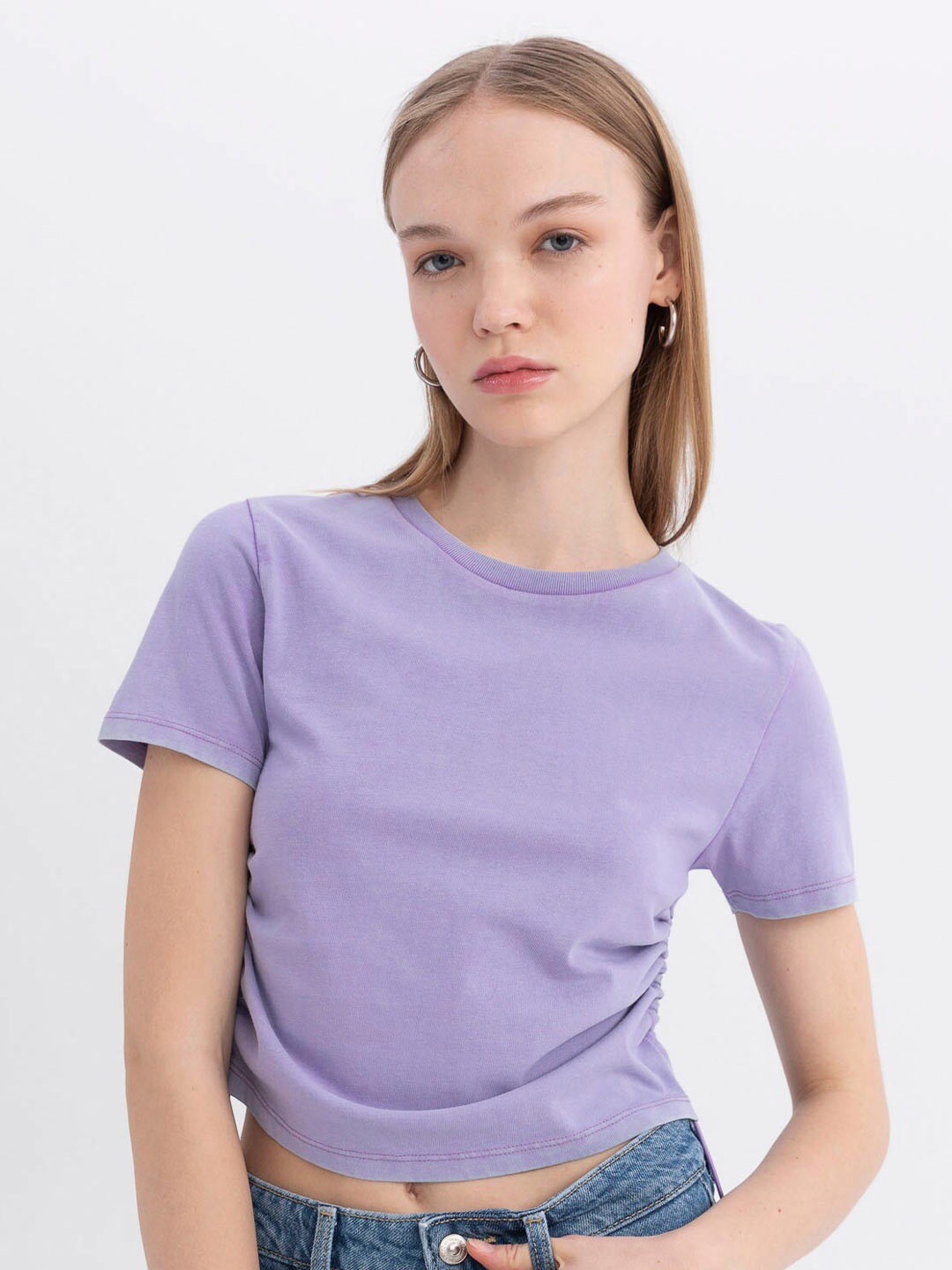 

DeFacto Round Neck Pure Cotton Casual Crop T-shirt, Purple
