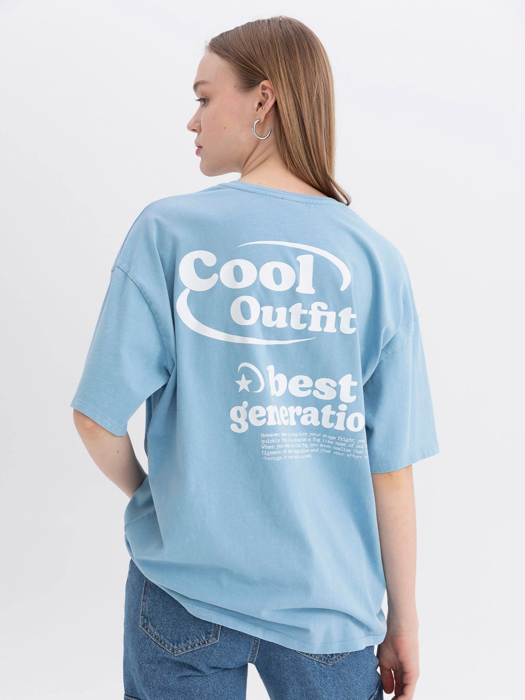 

DeFacto Women Typography Printed Drop Shoulder Oversized T-shirt, Blue