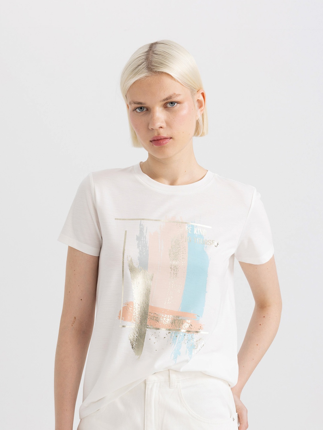 

DeFacto Women Typography Printed Round Neck T-shirt, White