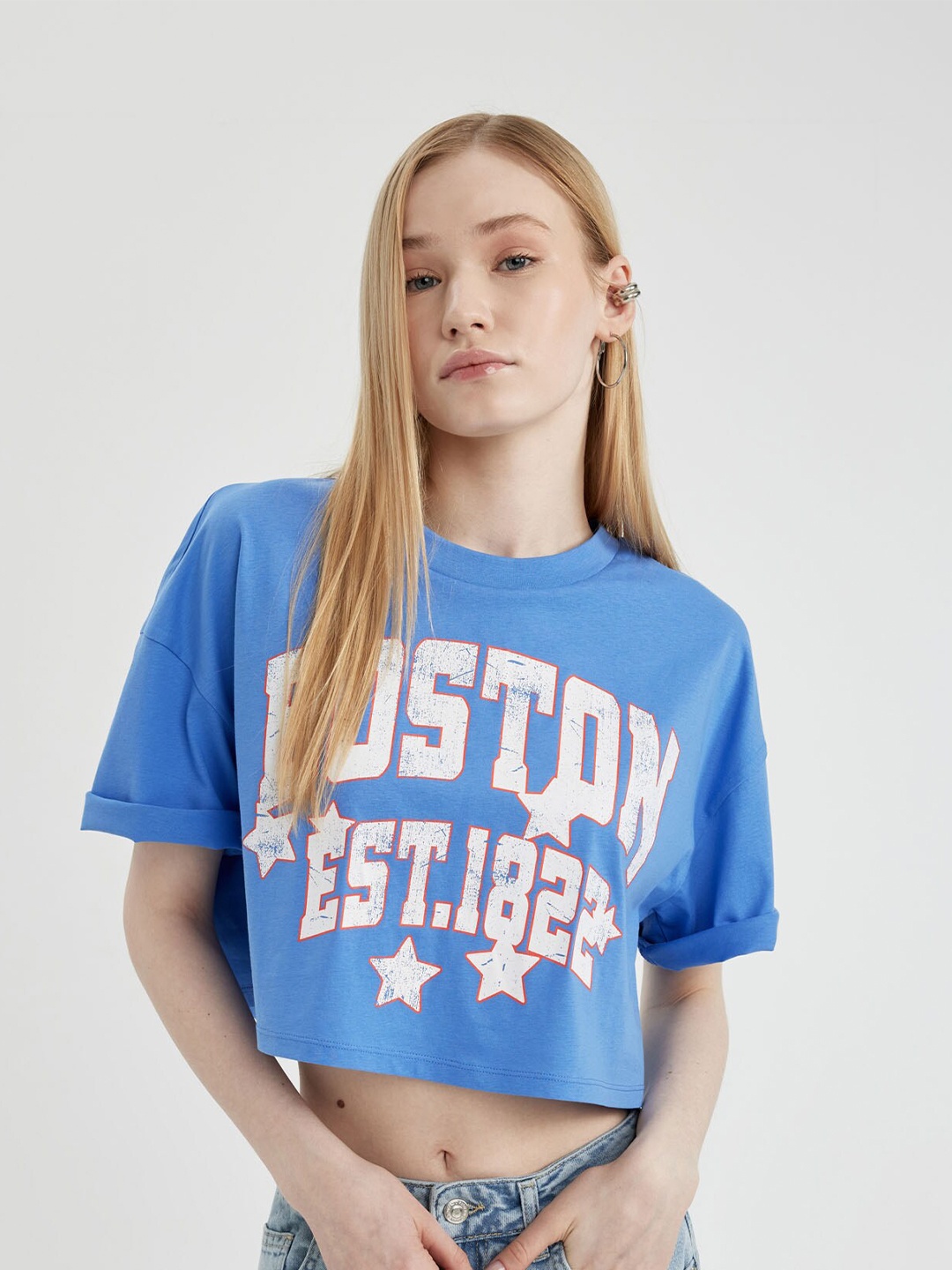

DeFacto Women Typography Printed Round Neck T-shirt, Blue