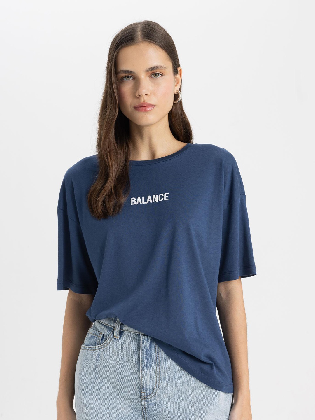 

DeFacto Women Typography Drop-Shoulder Sleeves T-shirt, Blue