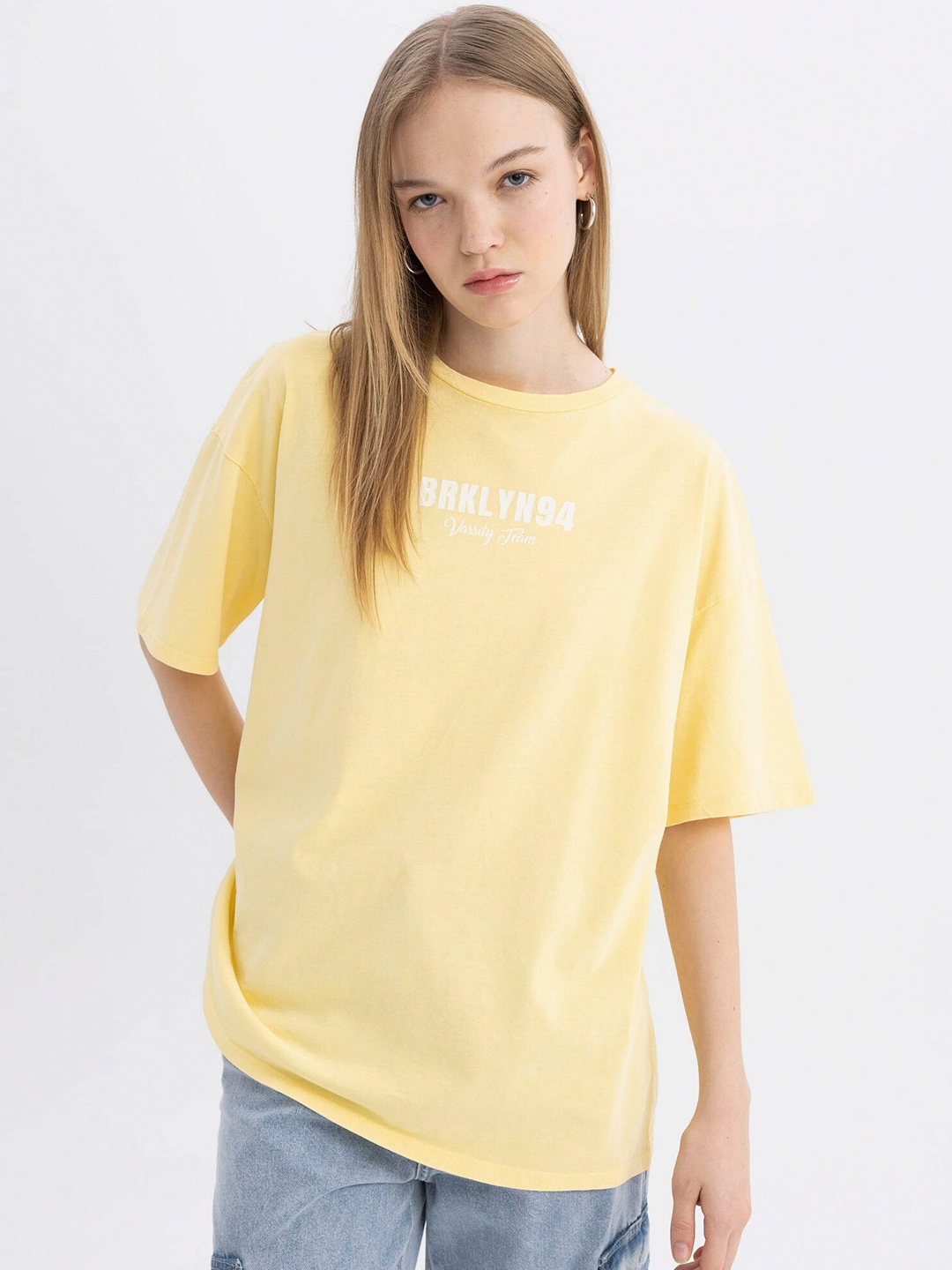 DeFacto Women Typography Printed Round Neck T-shirt, Yellow