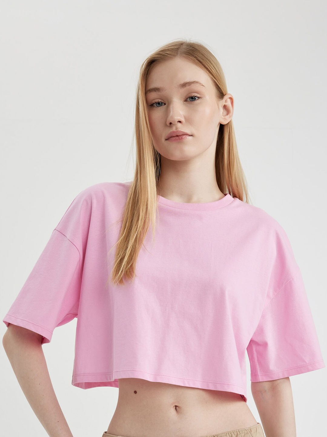 

DeFacto Women Solid Drop-Shoulder Sleeves Oversized T-shirt, Pink