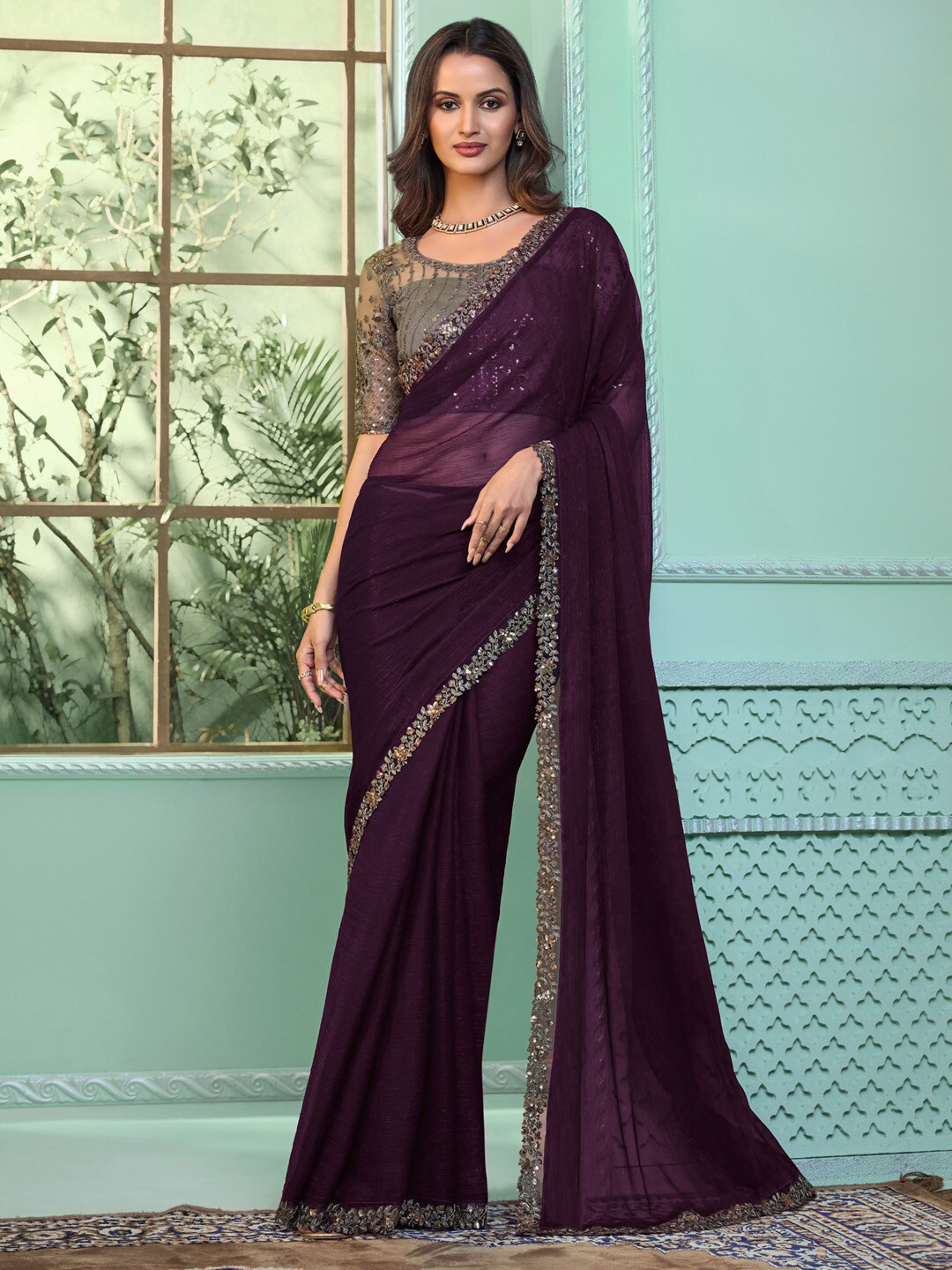 

Mitera Embroidered Poly Chiffon Saree, Purple