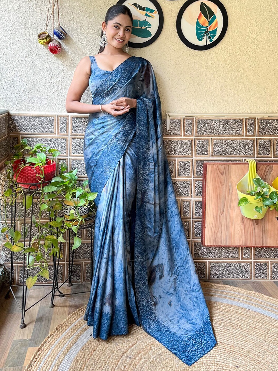 

Mitera Beads and Stones Poly Chiffon Saree With Blouse Piece, Teal