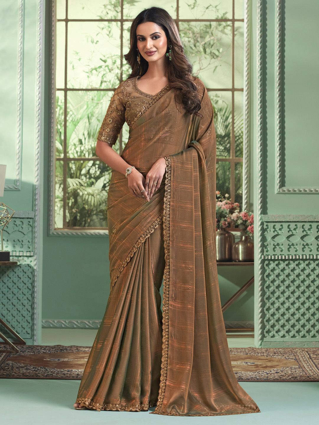 

Mitera Embellished Embroidered Poly Georgette Party Saree, Bronze