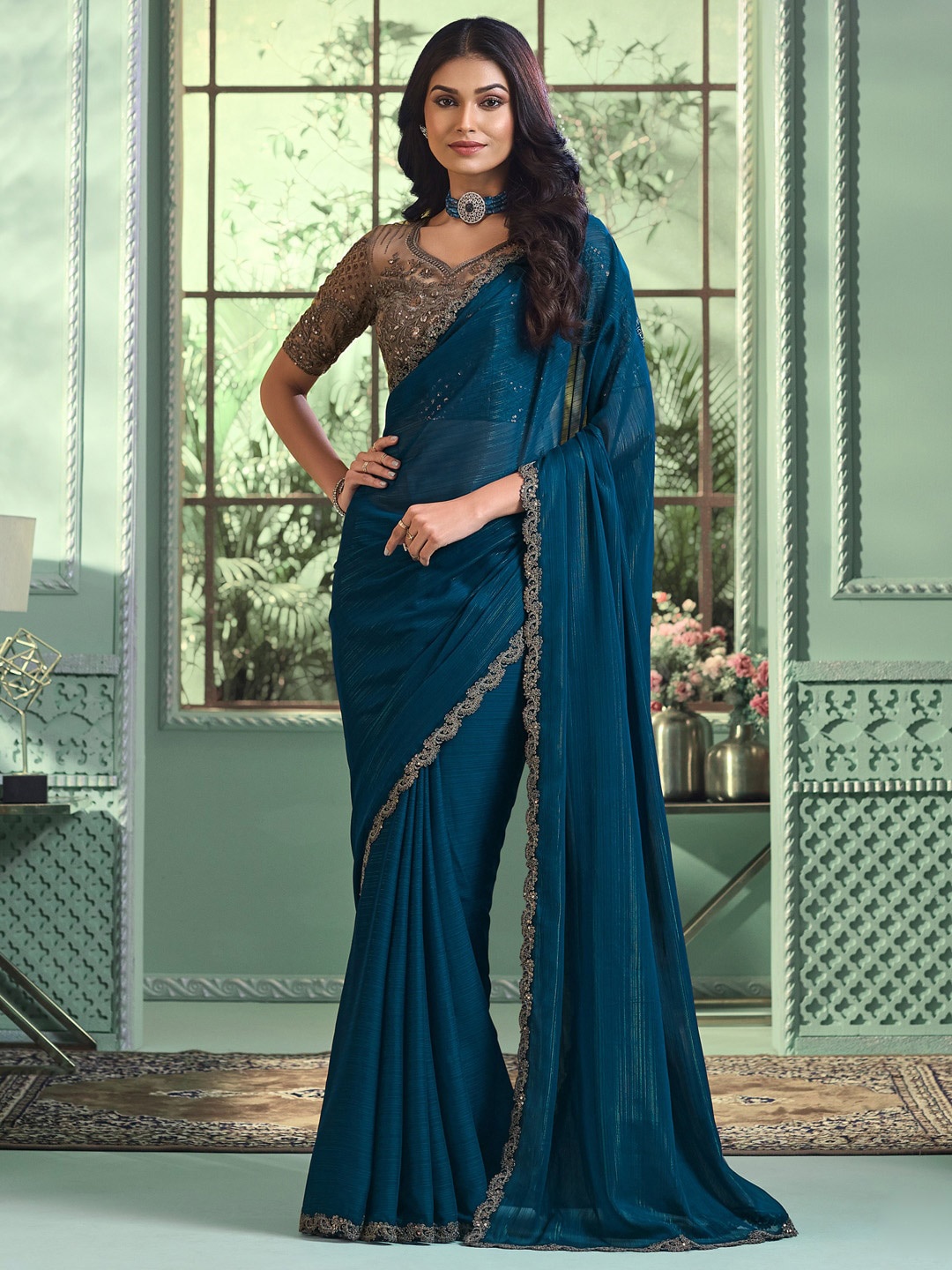 

Mitera Poly Georgette Saree, Teal