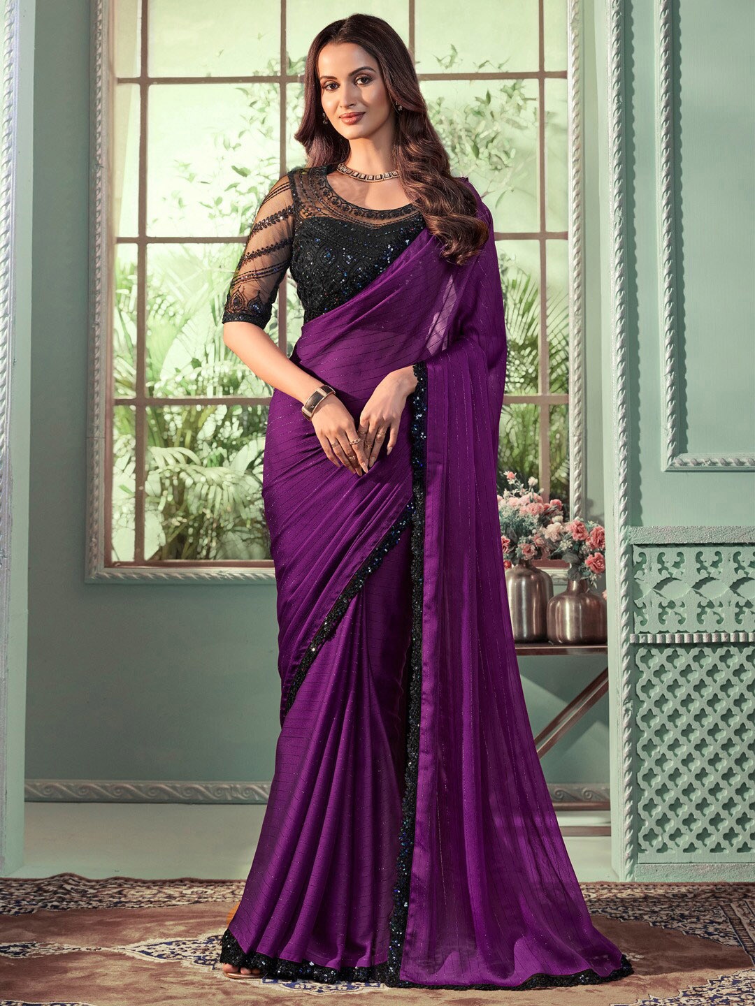 

Mitera Striped Poly Georgette Saree, Purple
