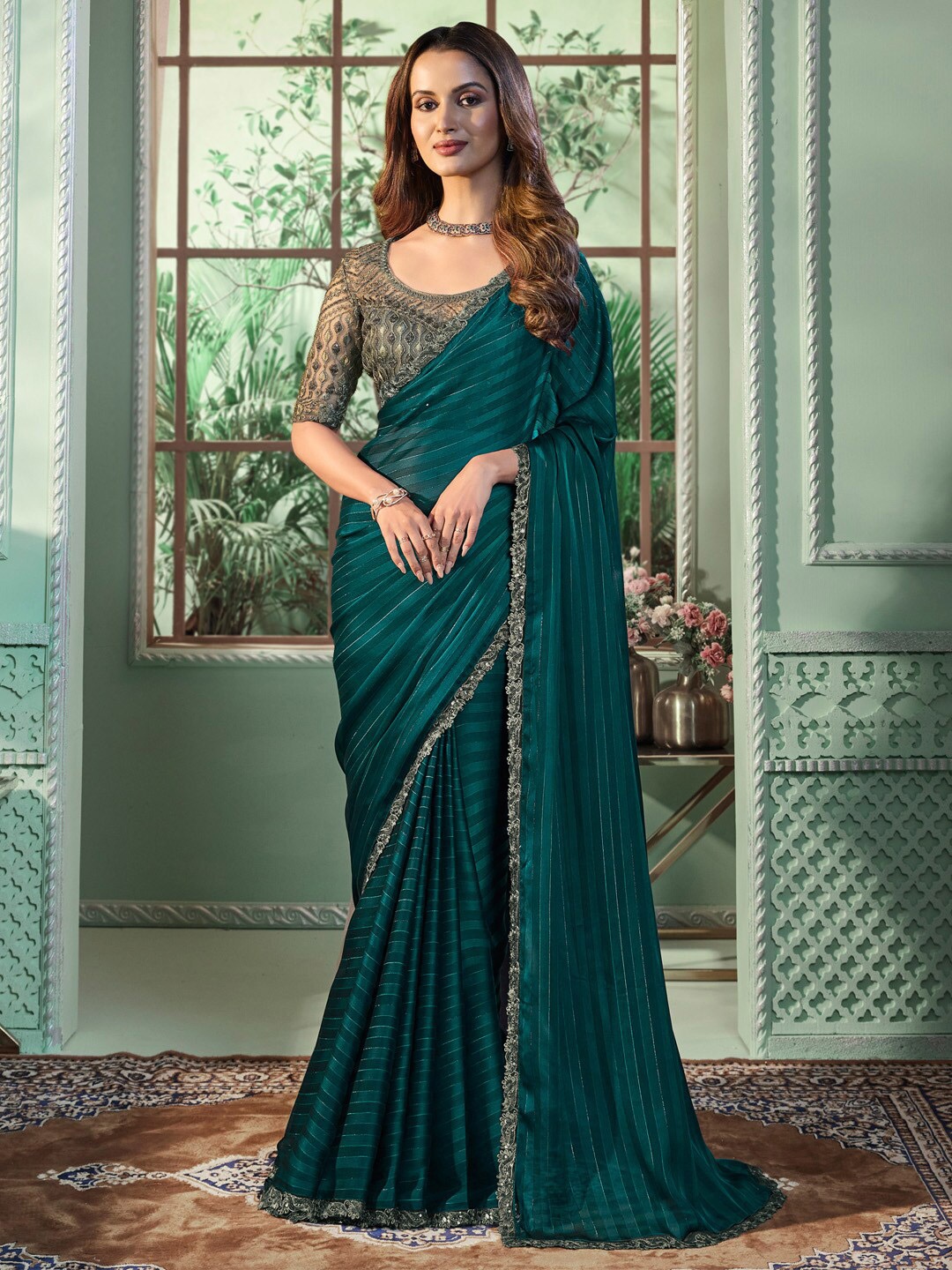

Mitera Striped Poly Georgette Saree, Teal