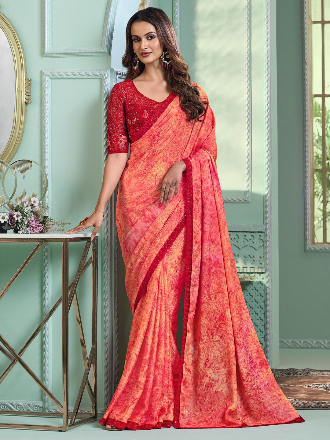 

Mitera Embroidered Abstract Pure Chiffon Saree, Orange