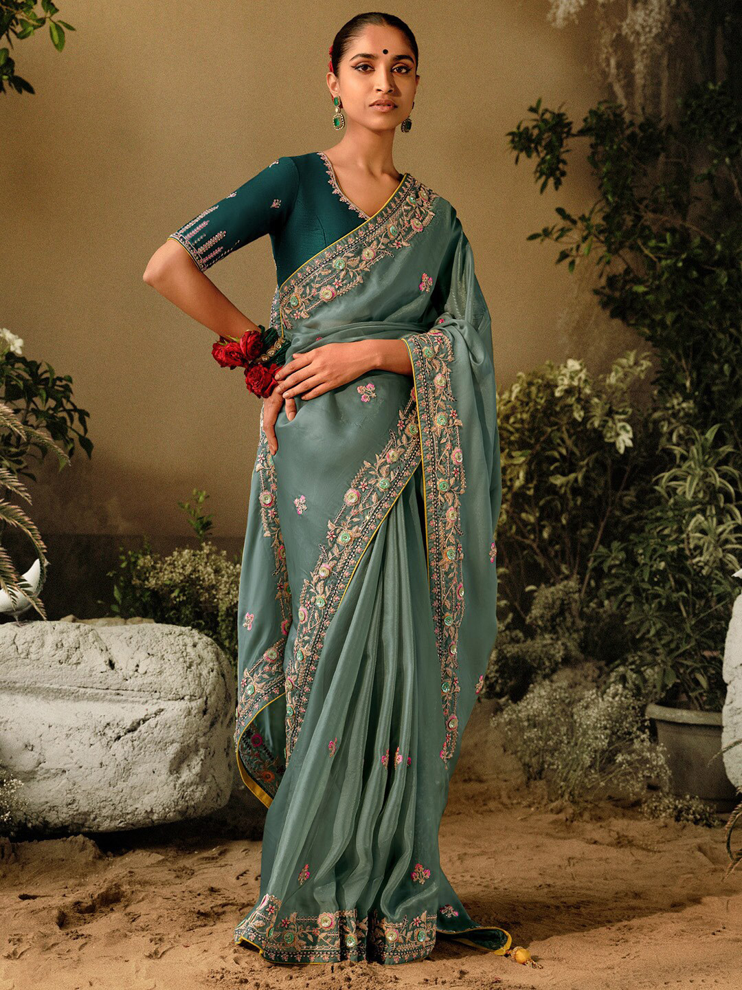

Mitera Ethnic Motifs Embroidered Satin Saree, Sea green