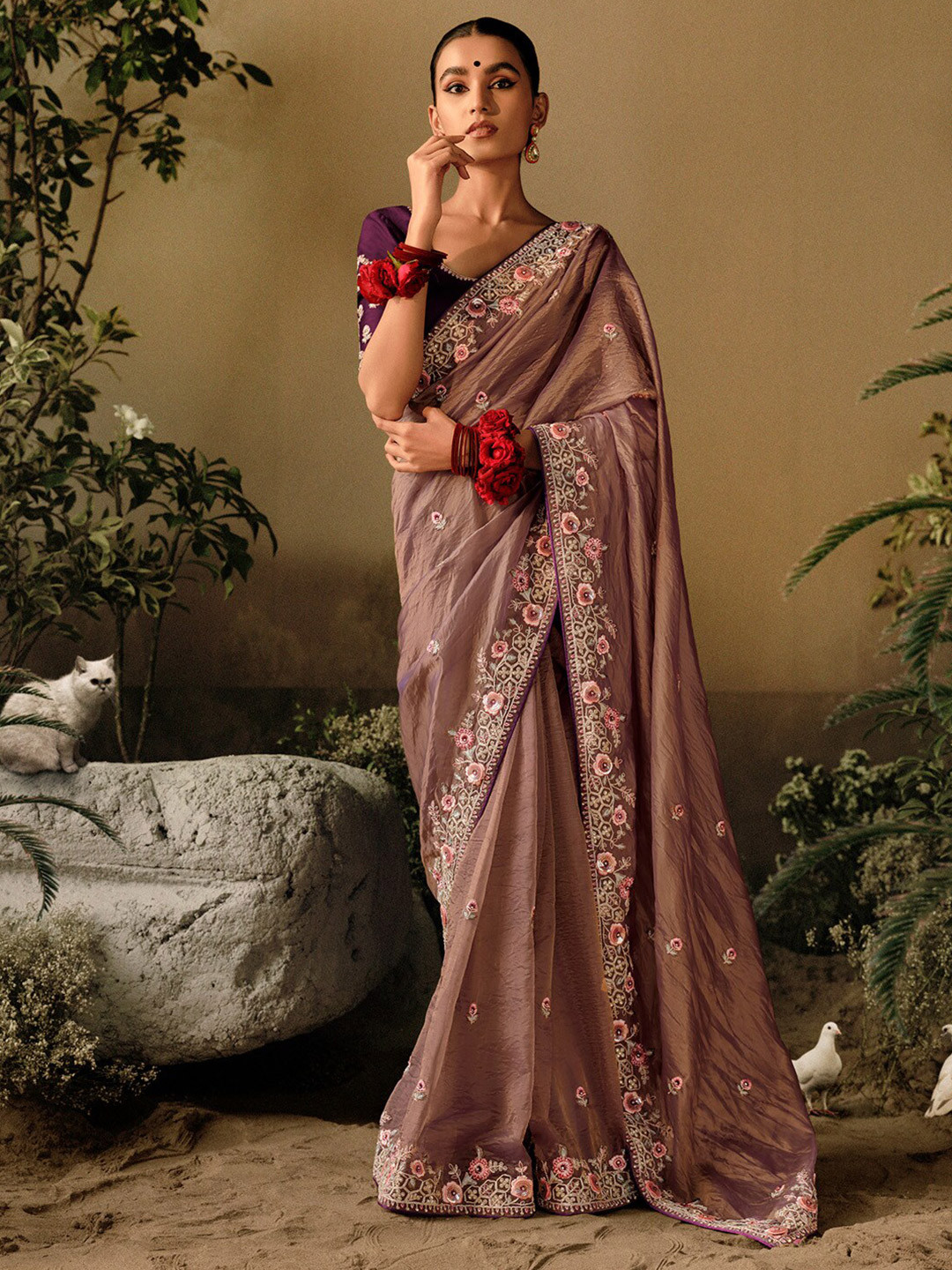 

Mitera Ethnic Motifs Embroidered Tissue Saree, Brown