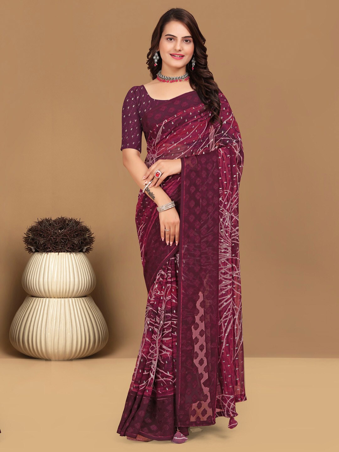 

Mitera Ethnic Motifs Pure Georgette Chanderi Saree, Burgundy