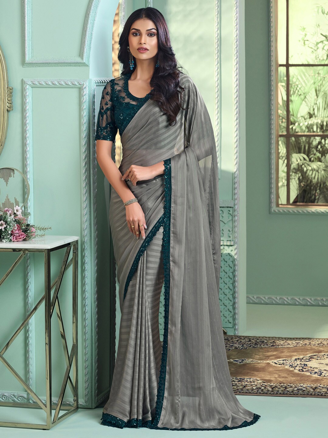 

Mitera Striped Poly Georgette Saree, Grey