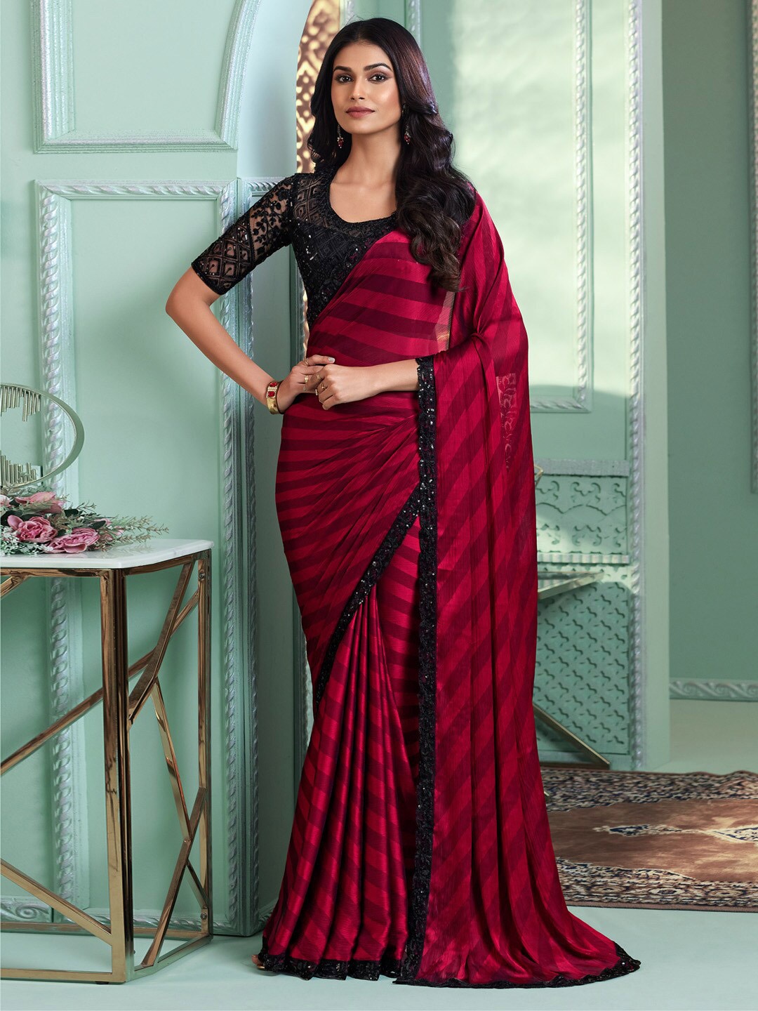 

Mitera Striped Satin Saree, Maroon