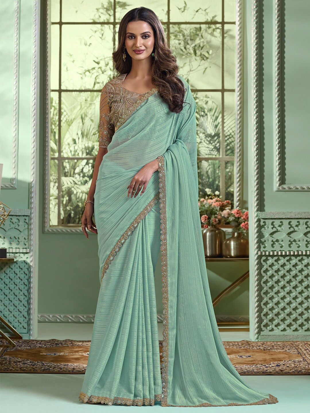 

Mitera Striped Sequinned Poly Chiffon Designer Saree, Sea green