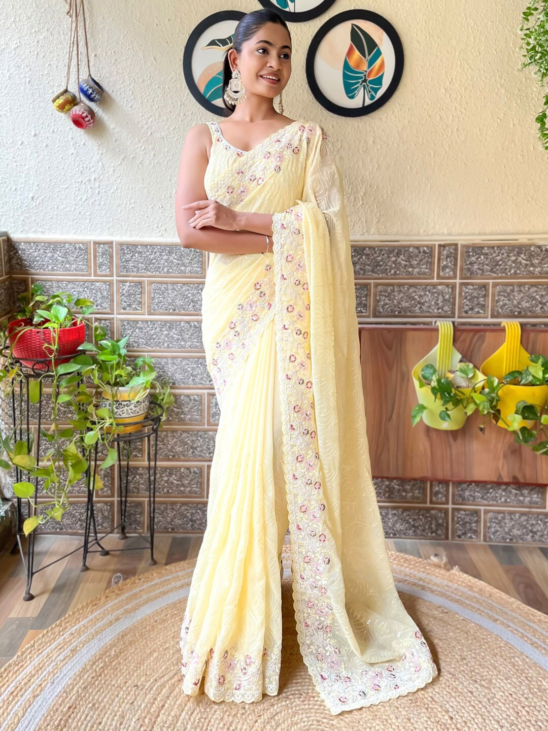 

Mitera Embellished Sequinned Pure Georgette Saree, Yellow