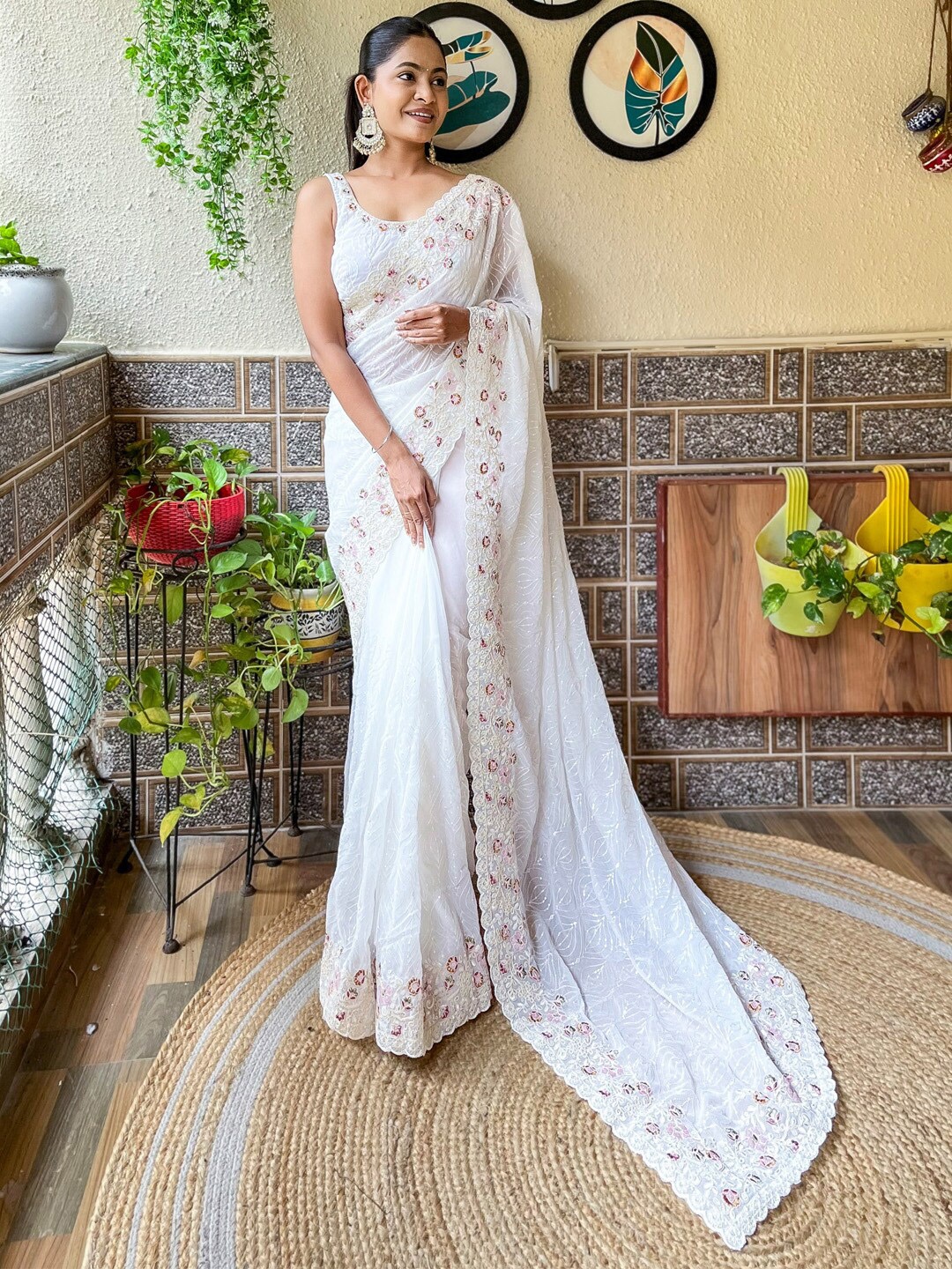 

Mitera Embellished Sequinned Poly Georgette Saree, White