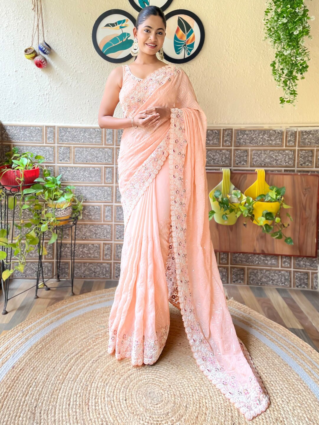 

Mitera Embellished Sequinned Poly Georgette Party Saree, Peach