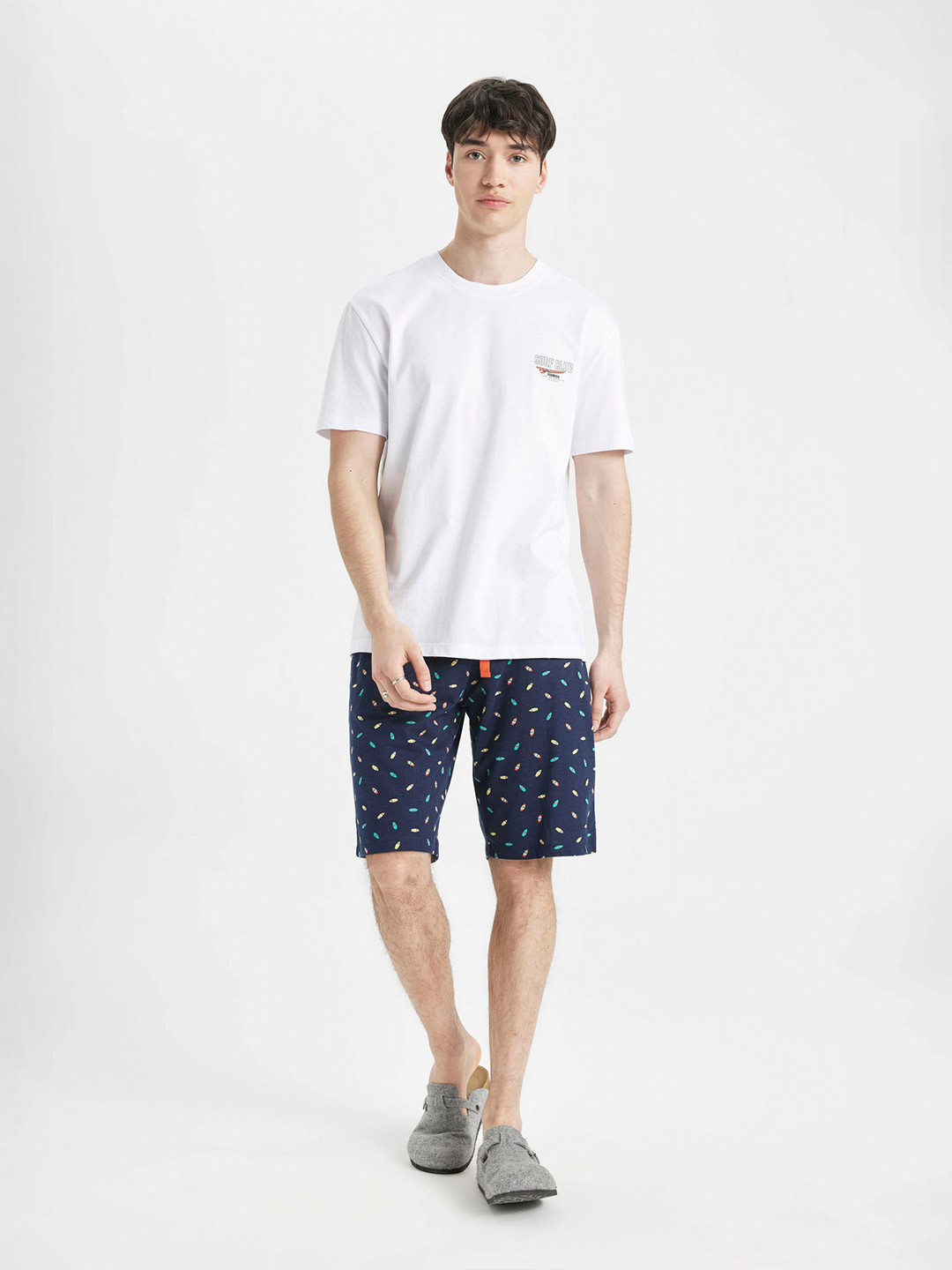 

DeFacto Pure Cotton Printed T-Shirt & Shorts Night suits, White