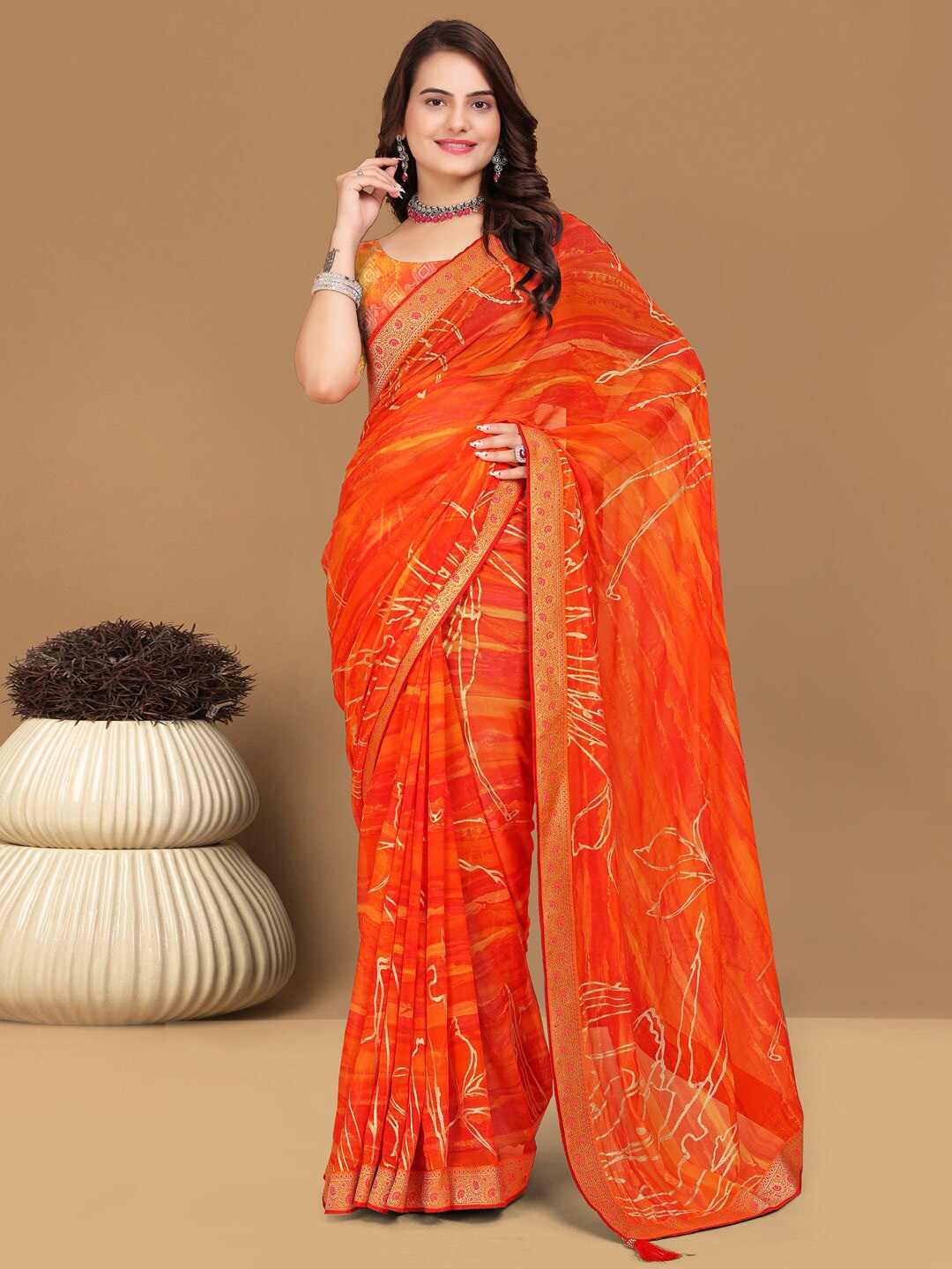 

Mitera Abstract Pure Georgette Designer Saree, Orange