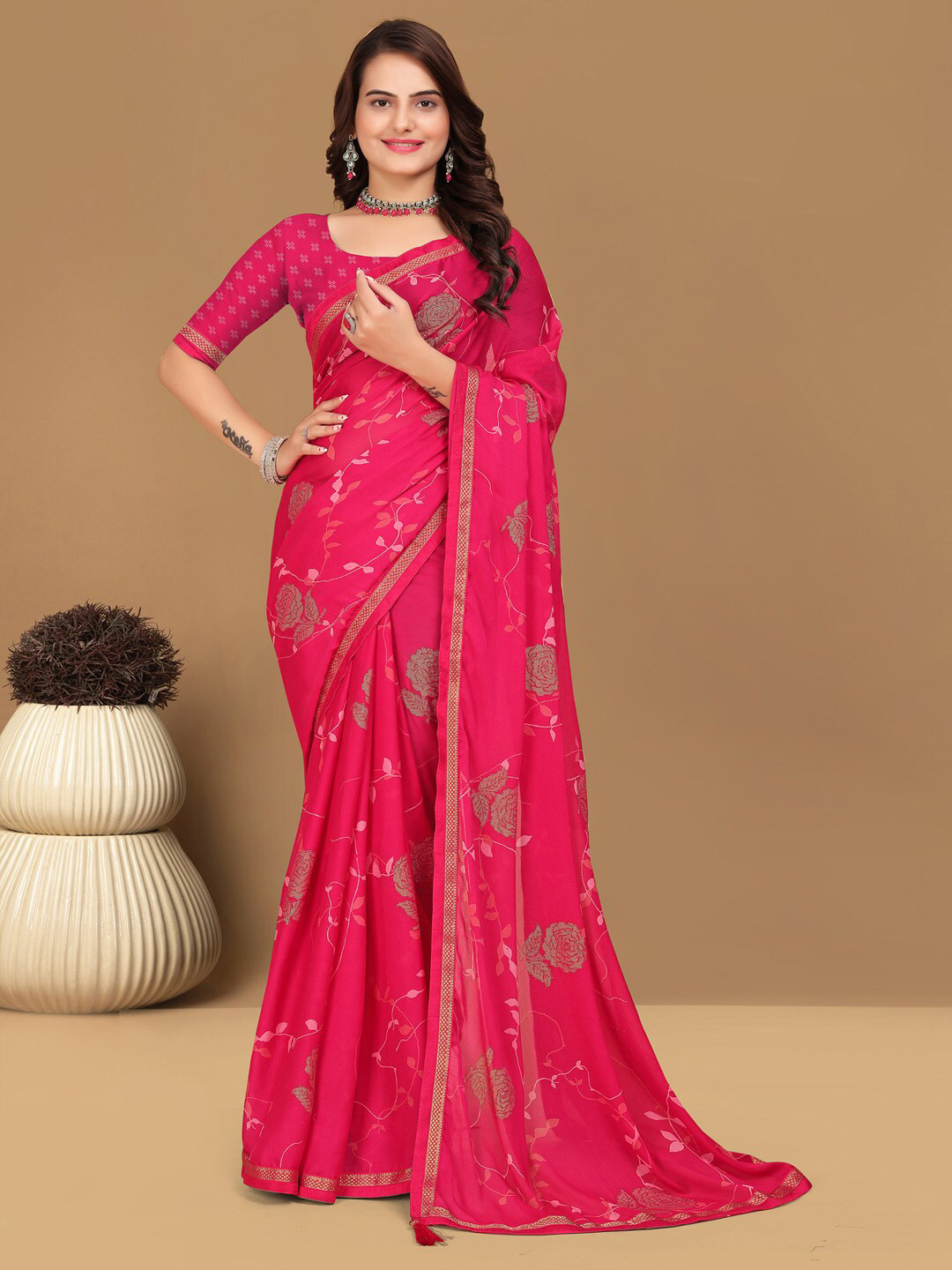 

Mitera Floral Zari Pure Georgette Designer Saree, Pink