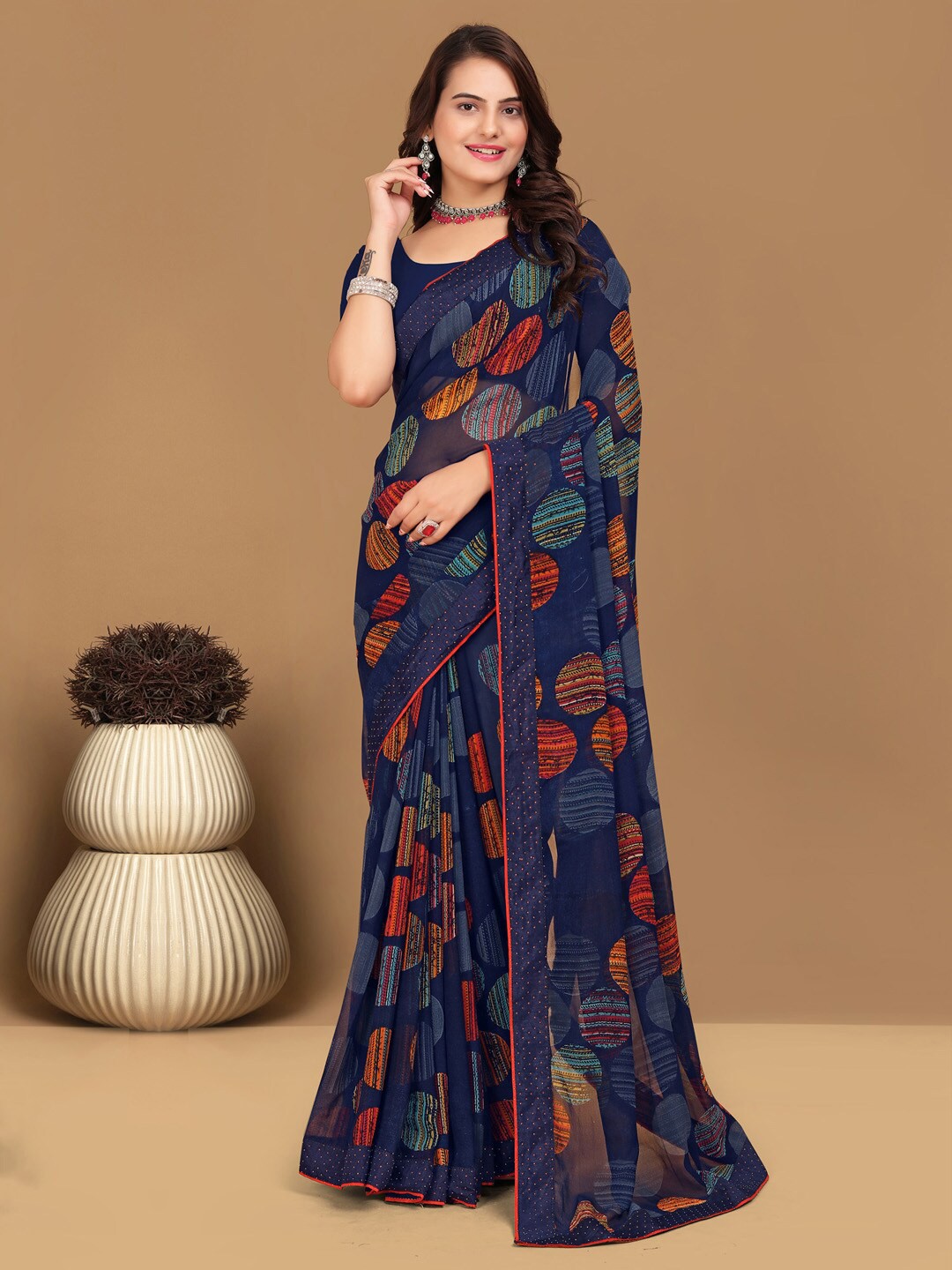 

Mitera Polka Dot Pure Georgette Saree, Navy blue