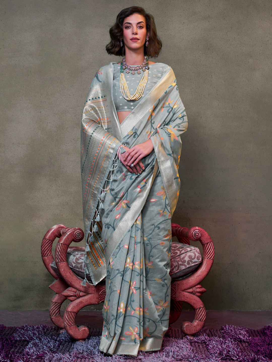 

Mitera Woven Design Zari Silk Blend Banarasi Saree, Grey