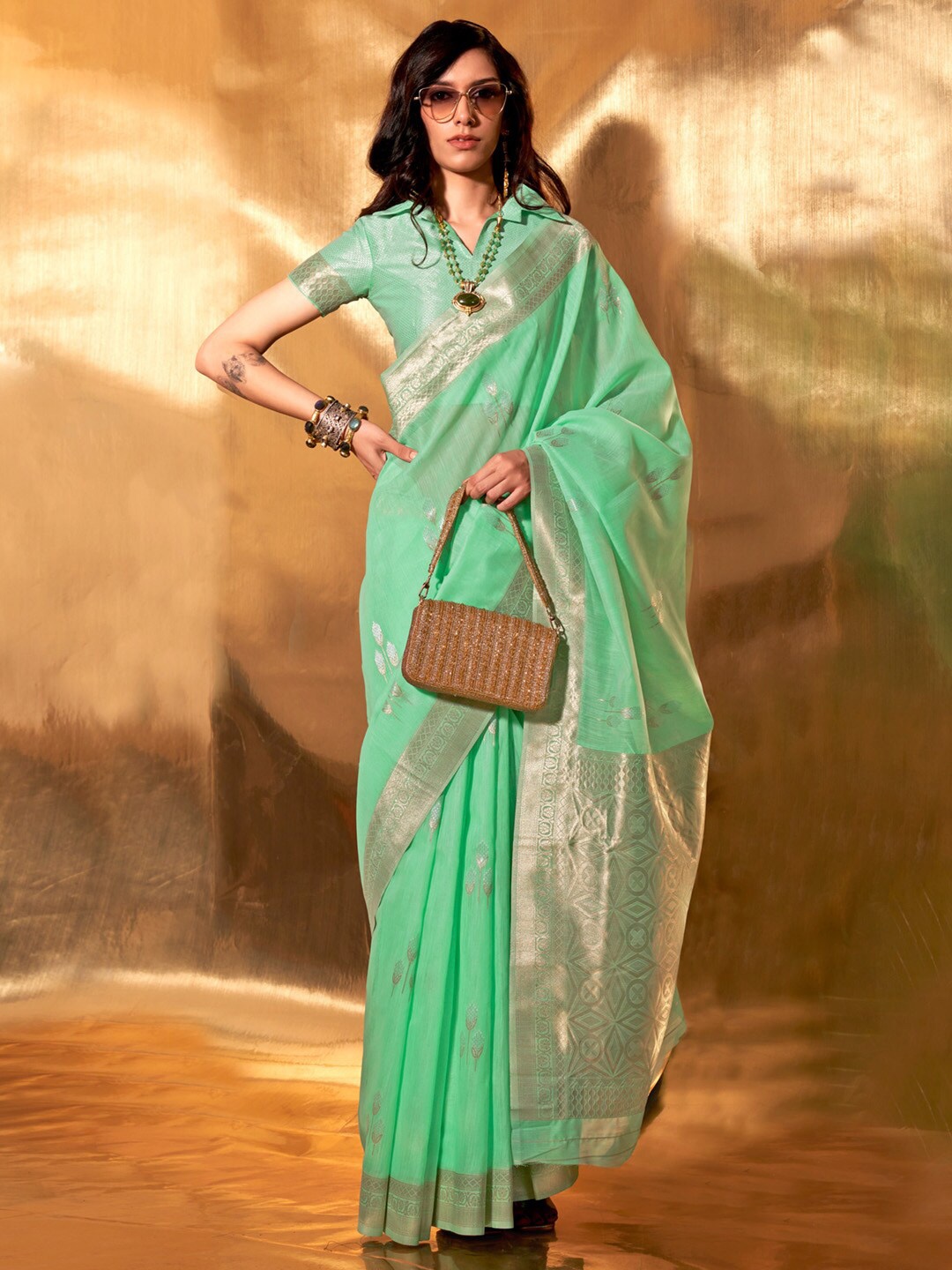 

Mitera Woven Design Zari Poly Linen Banarasi Saree, Sea green