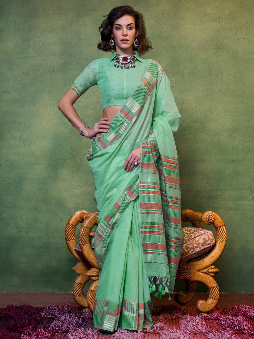 

Mitera Woven Design Zari Silk Blend Banarasi Saree, Sea green