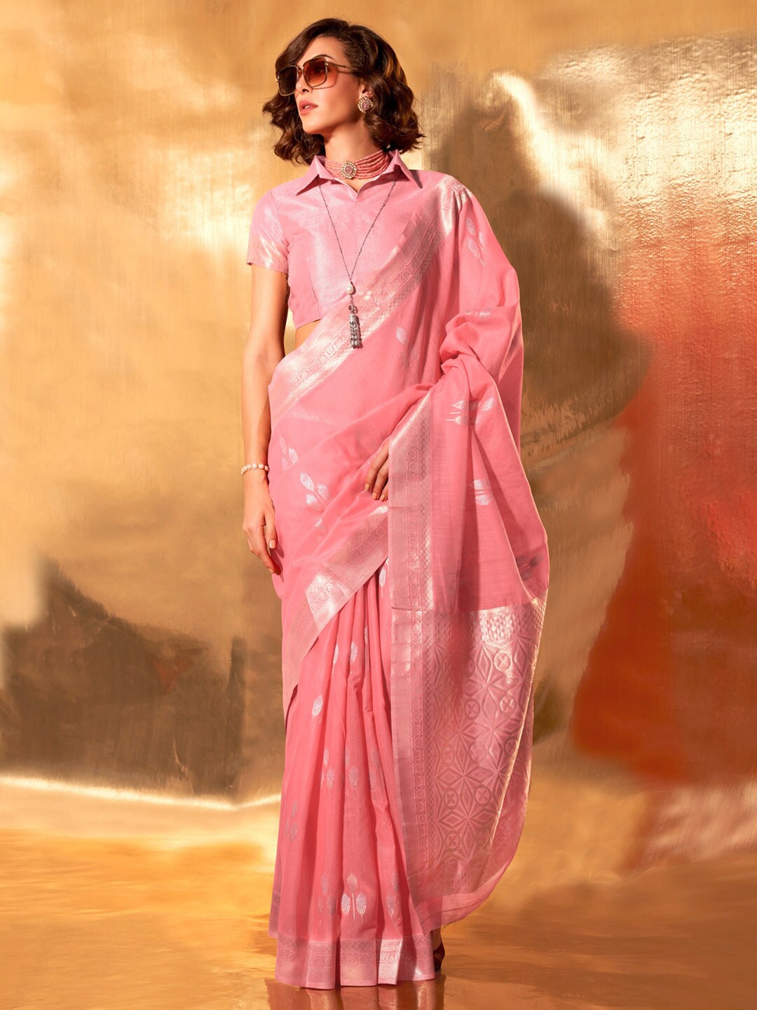 

Mitera Woven Design Zari Pure Linen Banarasi Saree, Pink