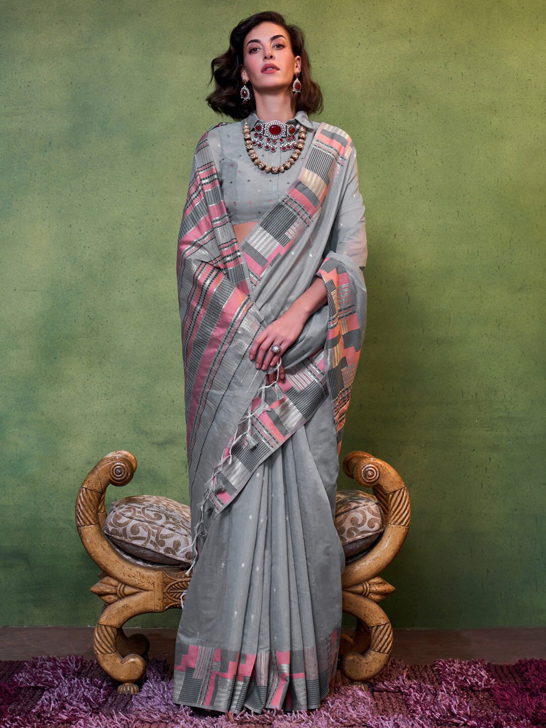 

Mitera Woven Design Zari Silk Blend Banarasi Saree, Grey