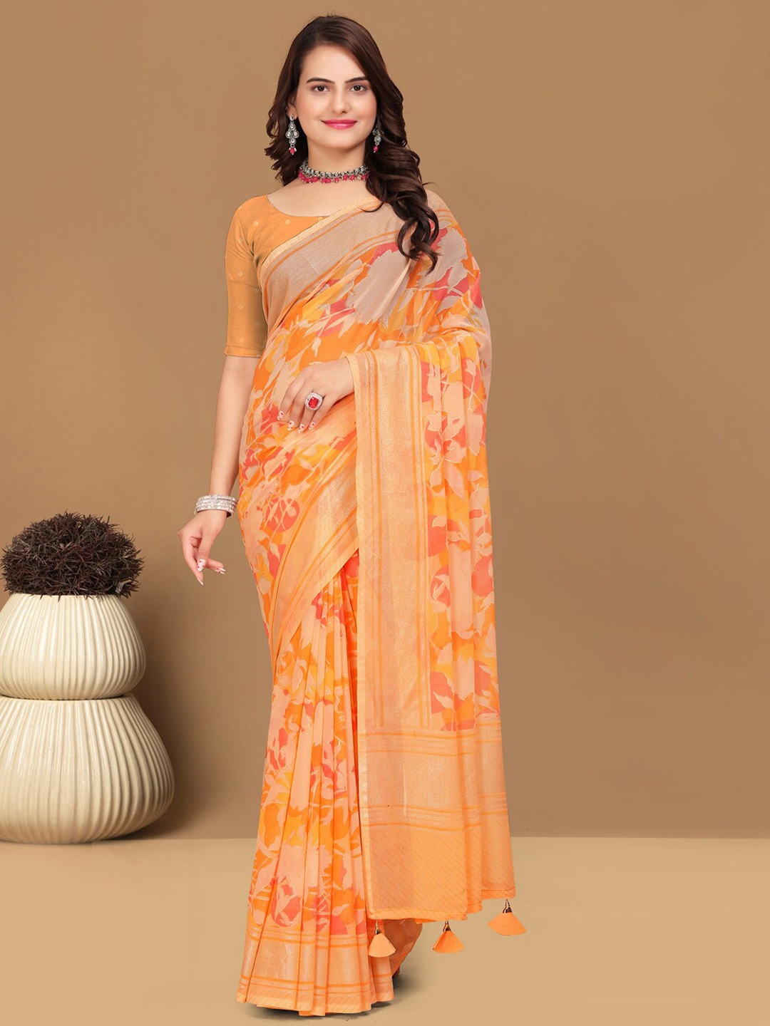 

Mitera Pure Georgette Bagru Saree, Orange