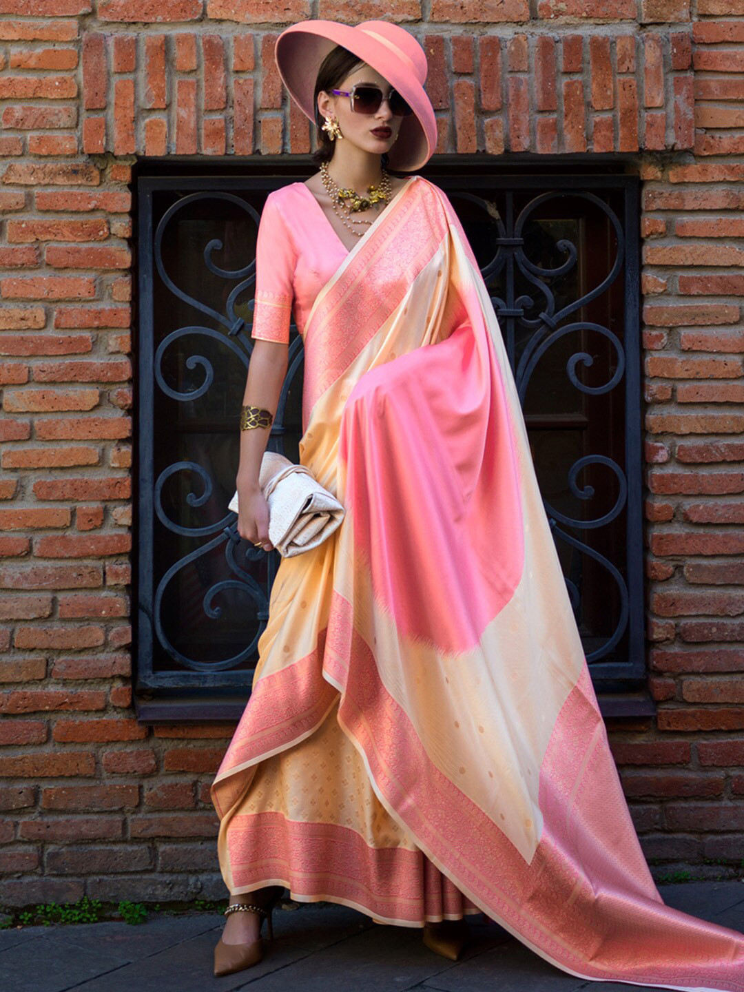 

Mitera Ethnic Motifs Zari Silk Banarasi Saree, Cream