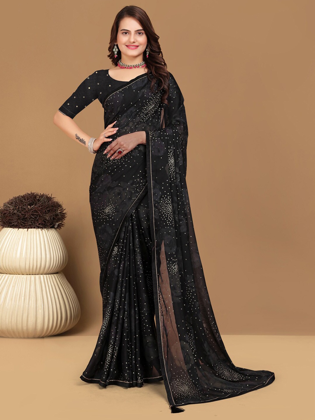 

Mitera Ethnic Motifs Beads and Stones Pure Georgette Saree, Black