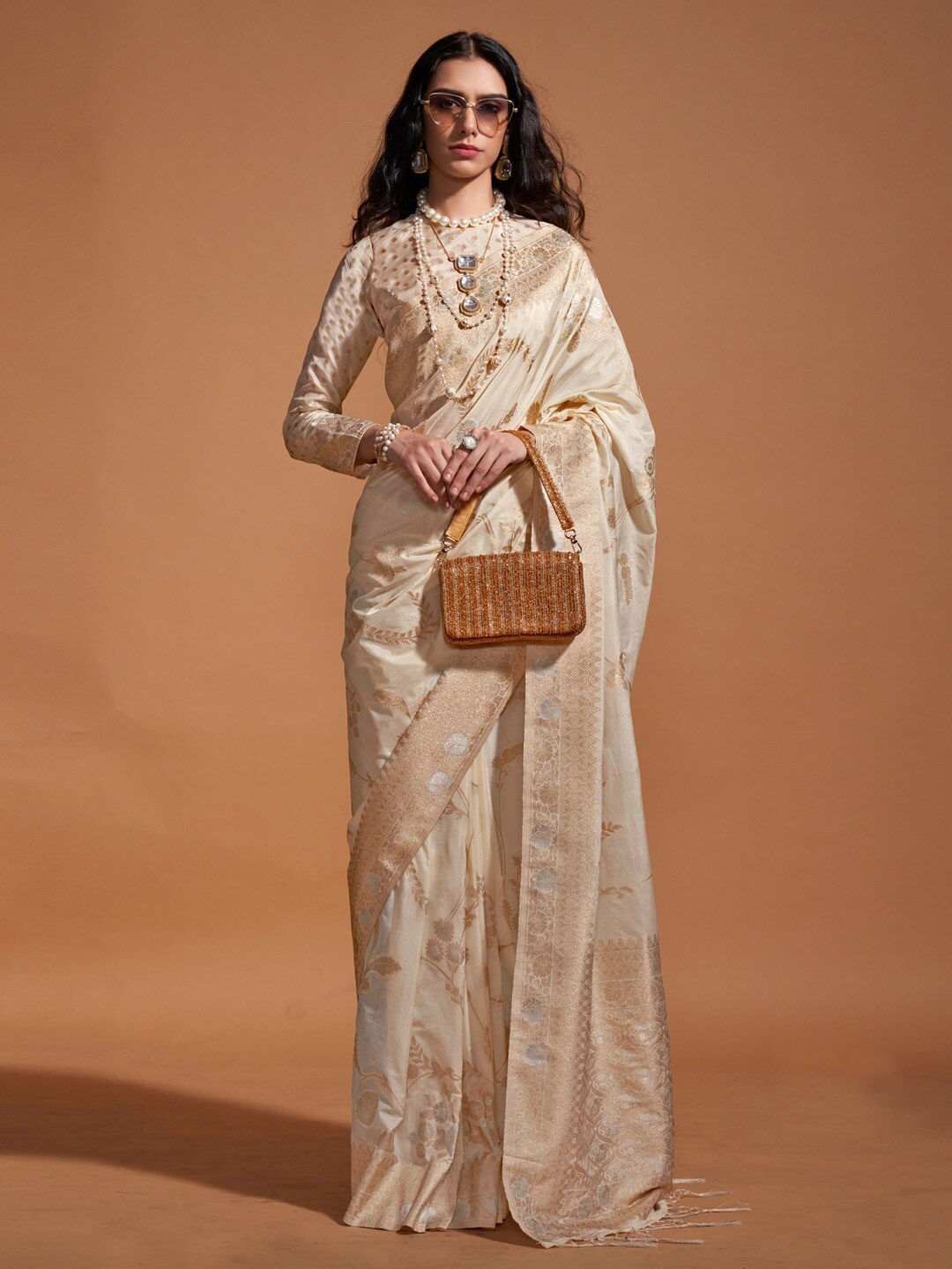 

Mitera Woven Design Zari Poly Georgette Banarasi Saree, Cream