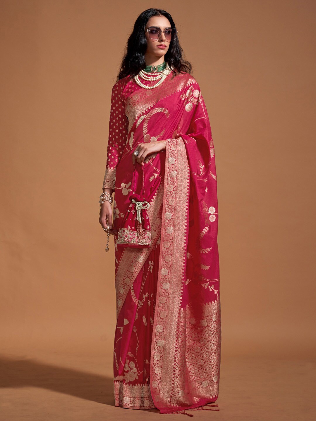 

Mitera Woven Design Zari Pure Georgette Banarasi Saree, Pink