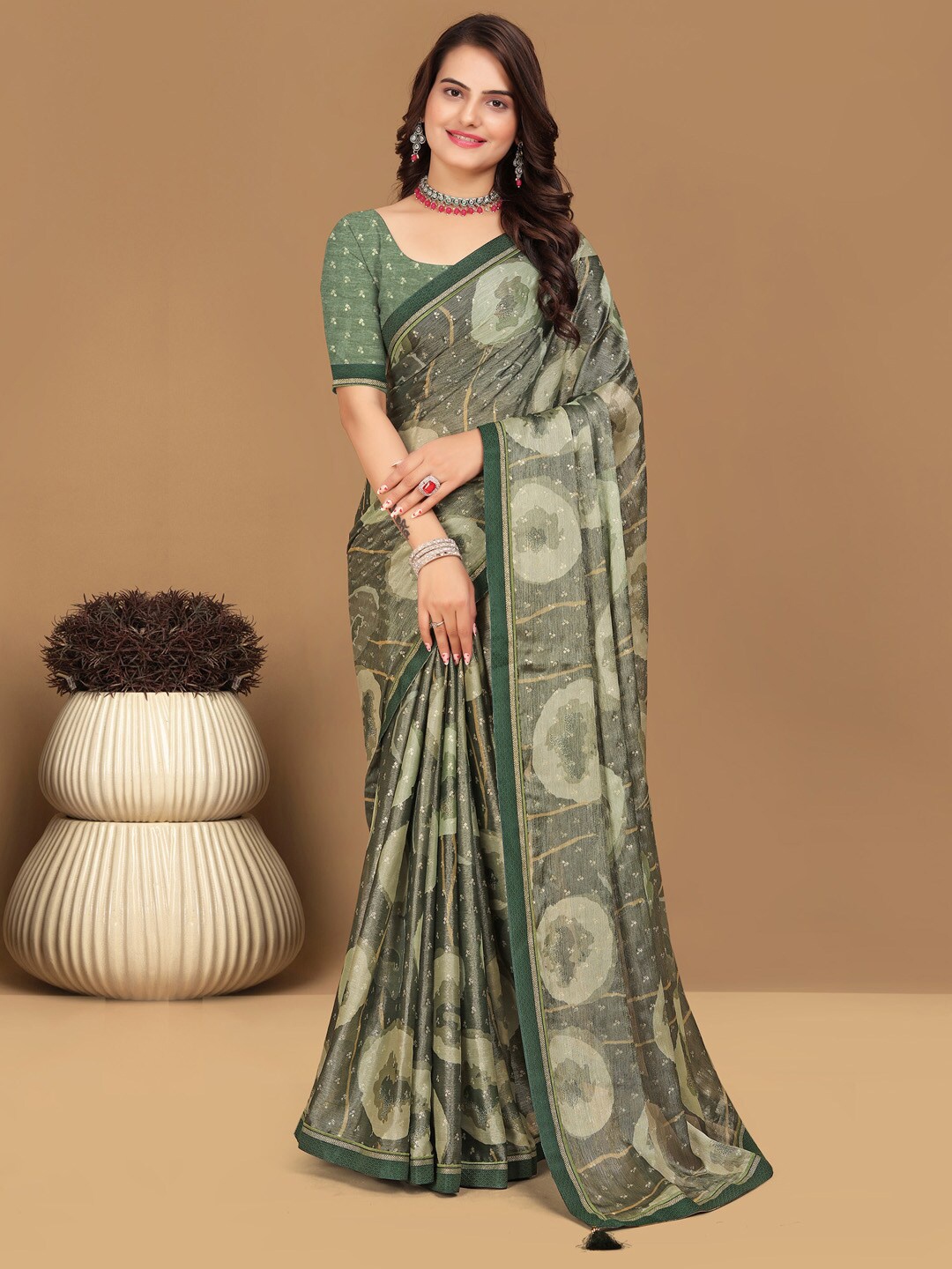 

Mitera Ethnic Motifs Brasso Saree, Green